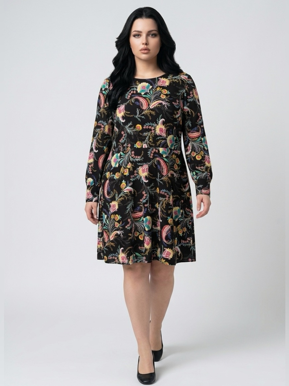 Black Floral Long-Sleeve A-Line Dress
